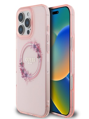 Guess IML Flowers Ring MagSafe iPhone 16 Pro Max Pink Telefoon geval